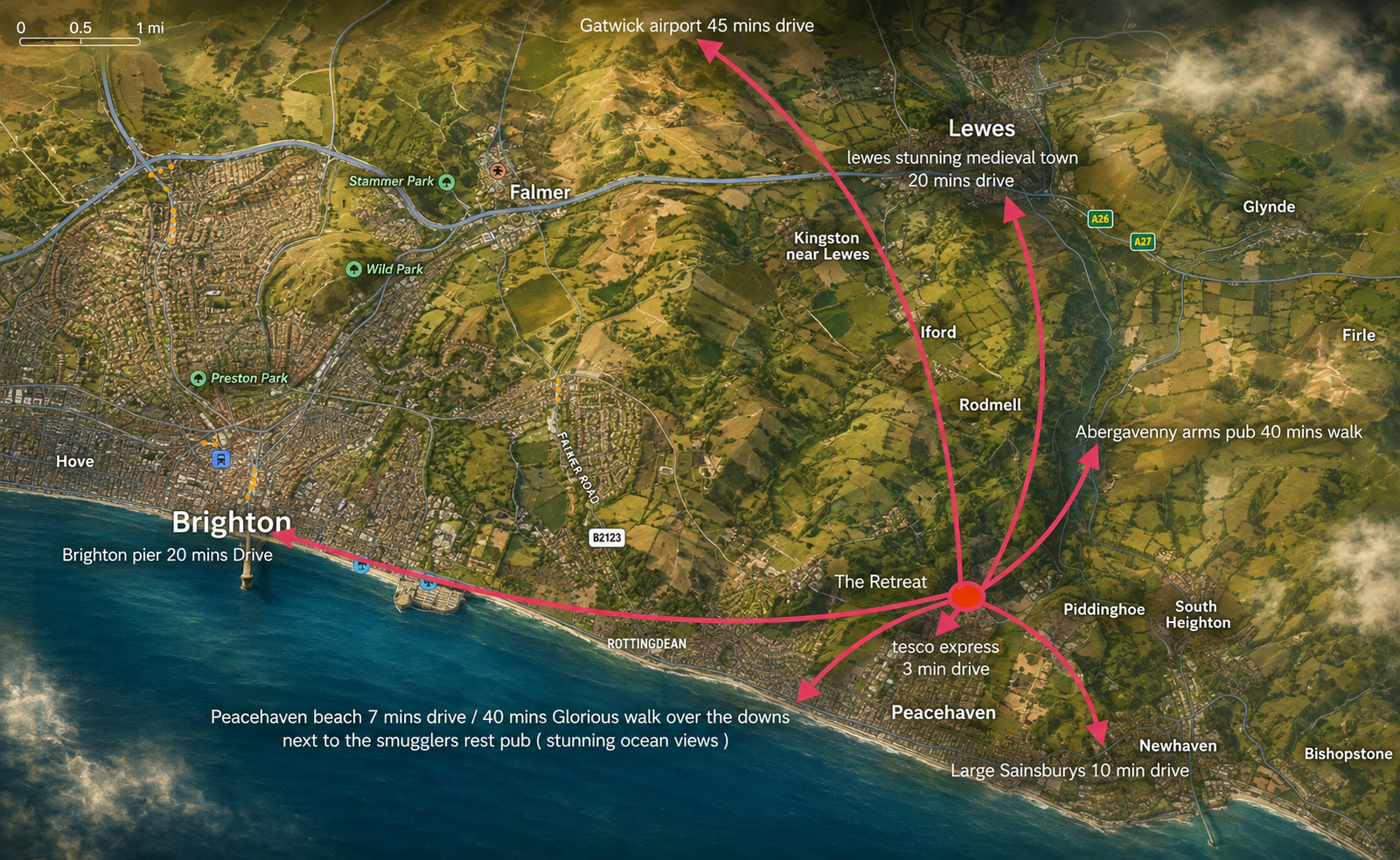 Map showing travel distances and times from Brighton to various locations in the surrounding area, including Peacehaven, Piddinghoe, Lewes, and Gatwick Airport.