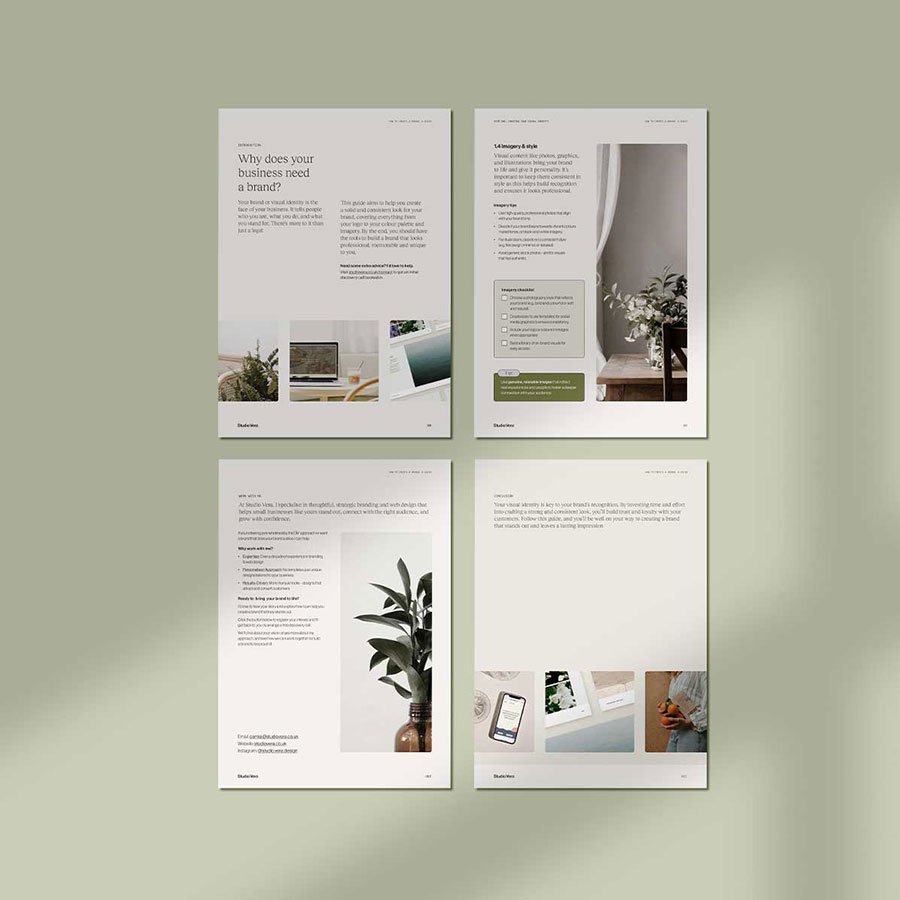 Four pages of a free business branding guide, featuring text, images of plants, and design elements on a light green background.