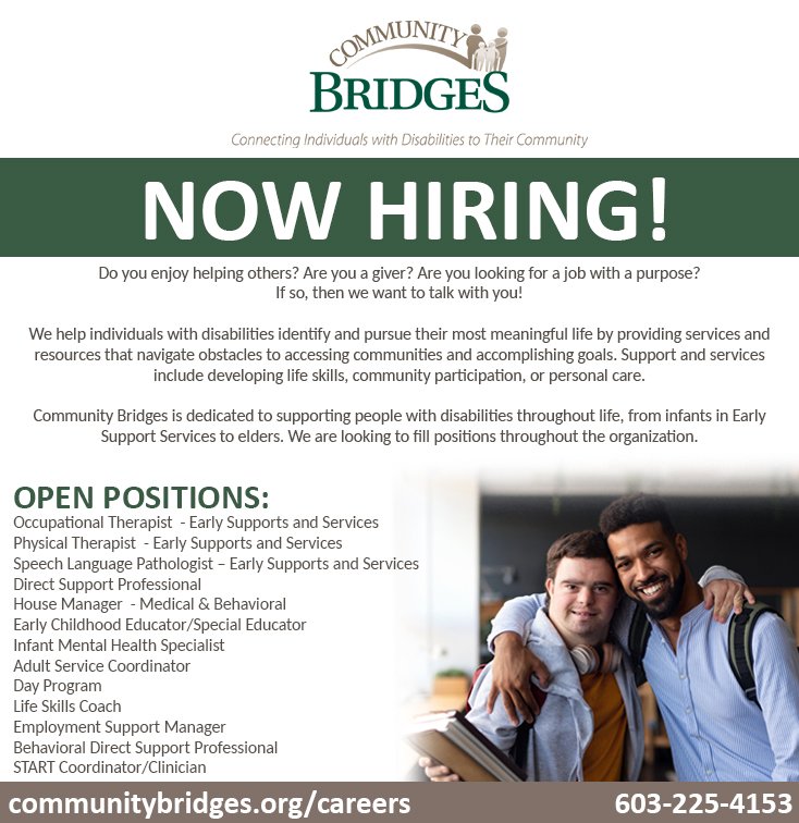 Community Bridges print and digital 1/2 page ad for recruiting. Seen in the Union Leader and Concord Monitor.