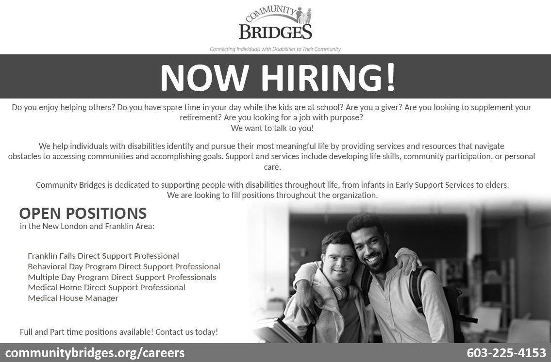 Community Bridges recruitment ad in the Kearsarge Shopper for local candidates. 1/8th page in greyscale.