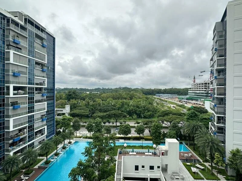 Resort vibes at The Santorini condo with a beautiful swimming pool, white buildings, and calming blue accents.