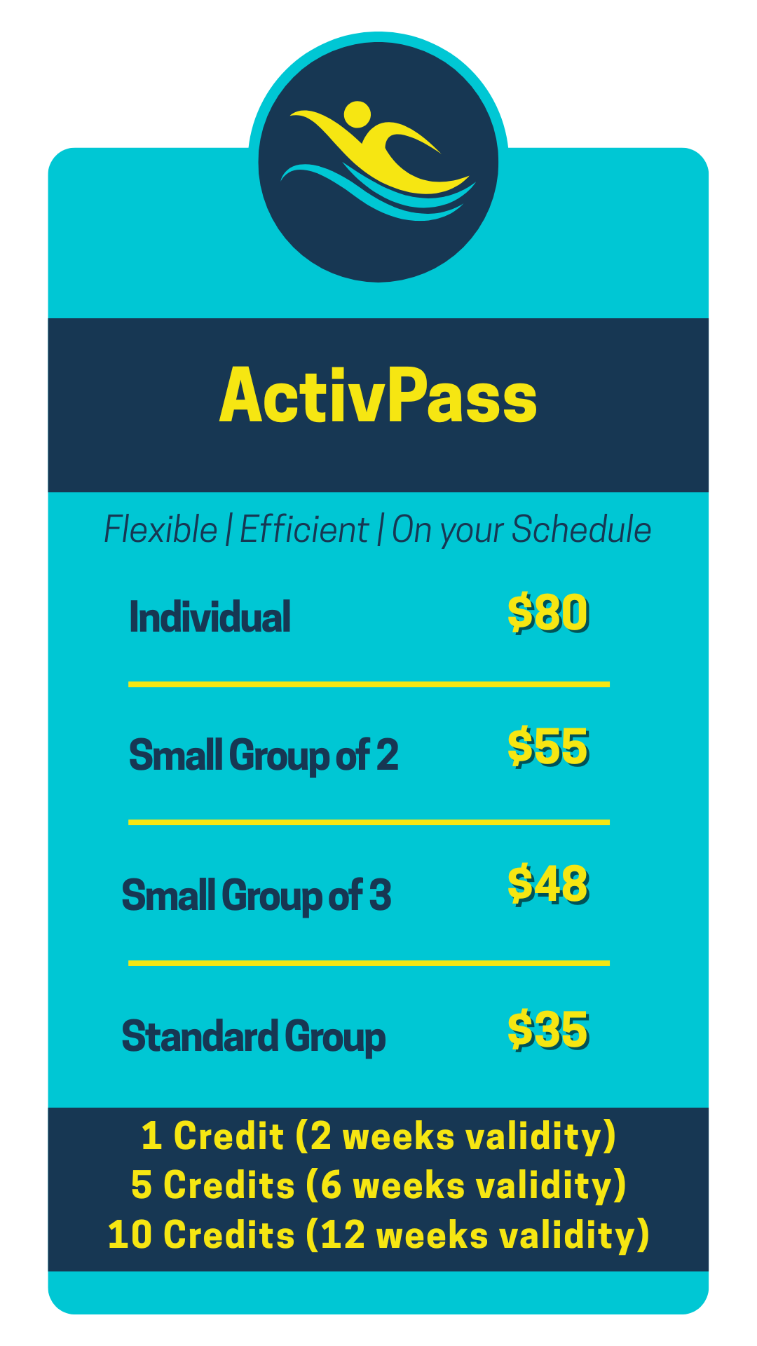 ActivPass flexible swimming lesson fees for individual, small-group and standard group sessions