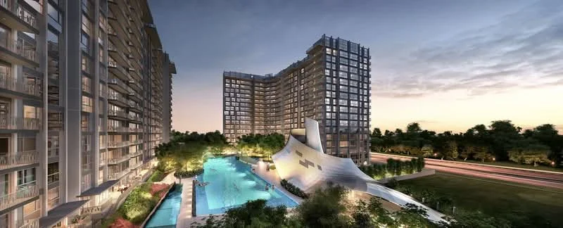 FLO Residence condominium featuring modern high-rise buildings, a large resort-style swimming pool, landscaped greenery, and evening sky views.
