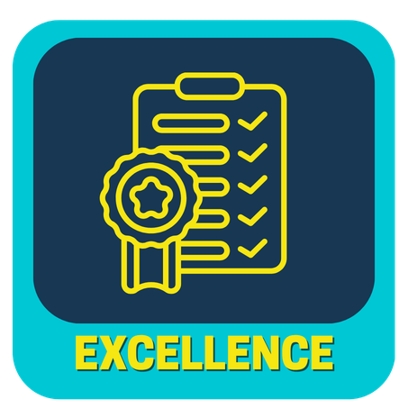 A graphic icon of a person raising their arms with a star above, surrounded by lines indicating celebration, with the word 'EXCELLENCE' in bold yellow letters below.