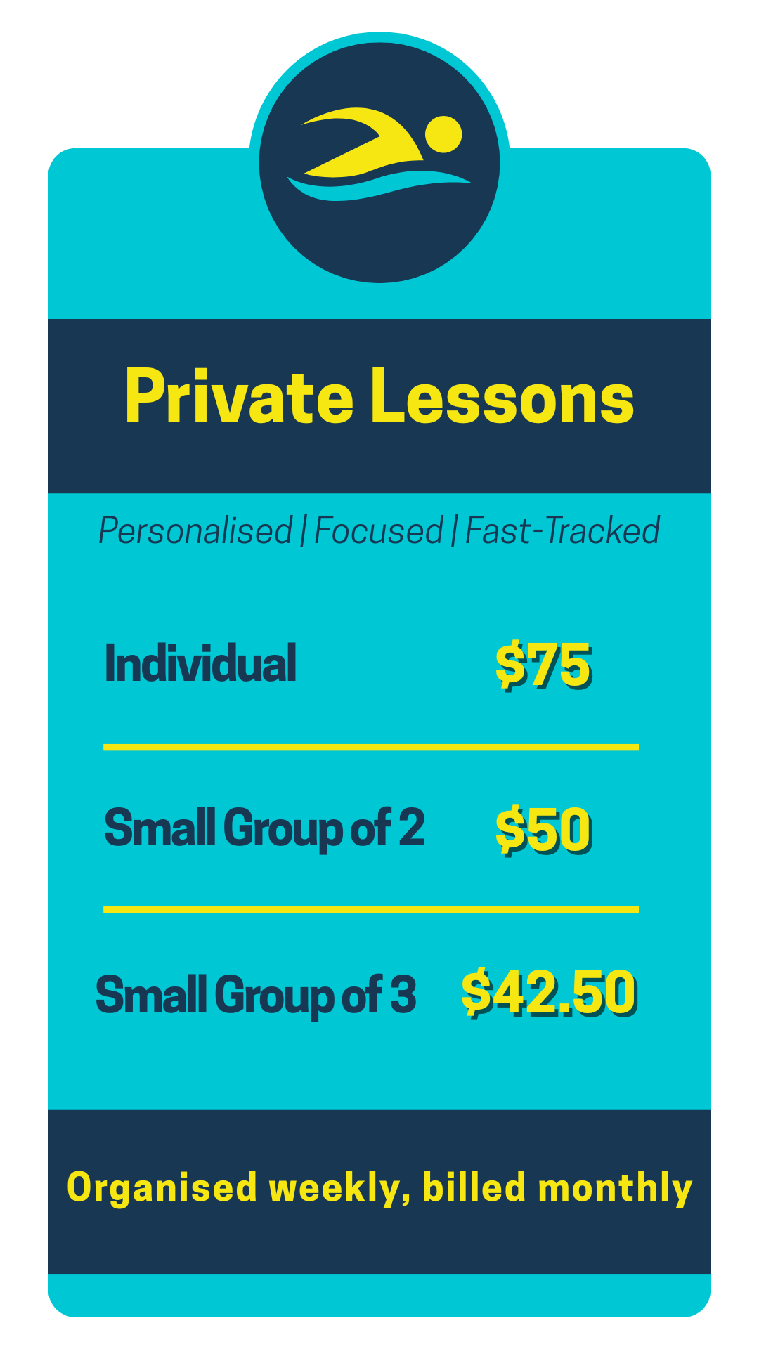 Private swimming lesson fees for individual and small-group coaching at Swim It Right Singapore