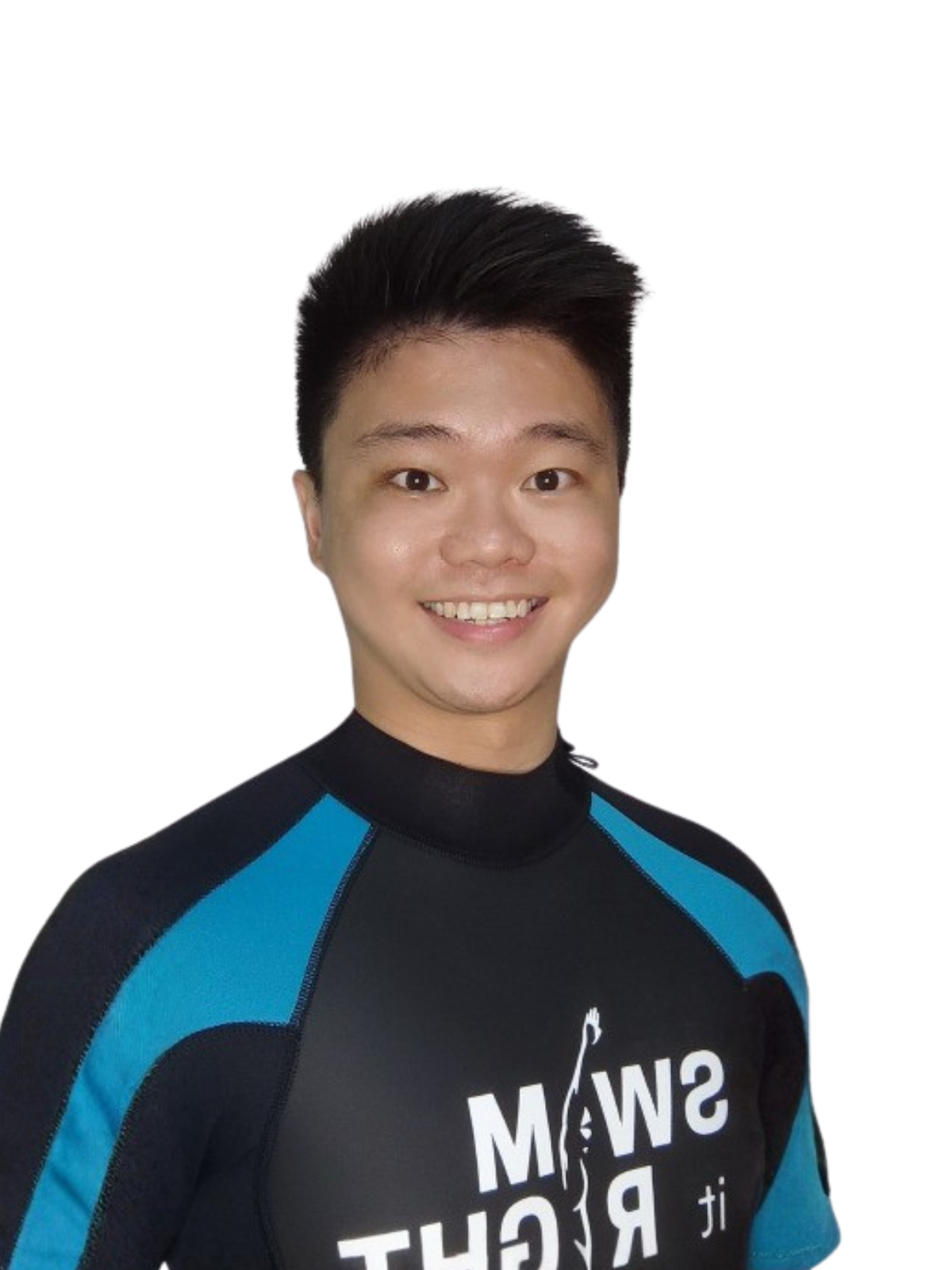 A young man with short black hair smiling, wearing a black and blue sports shirt with white text.