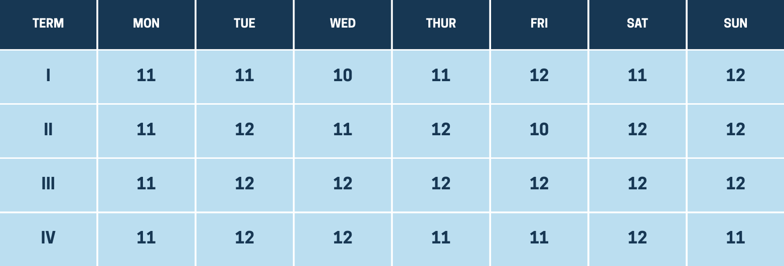 Chart / Table showing the number of swimming lessons included in one term at Swim It Right swim school.