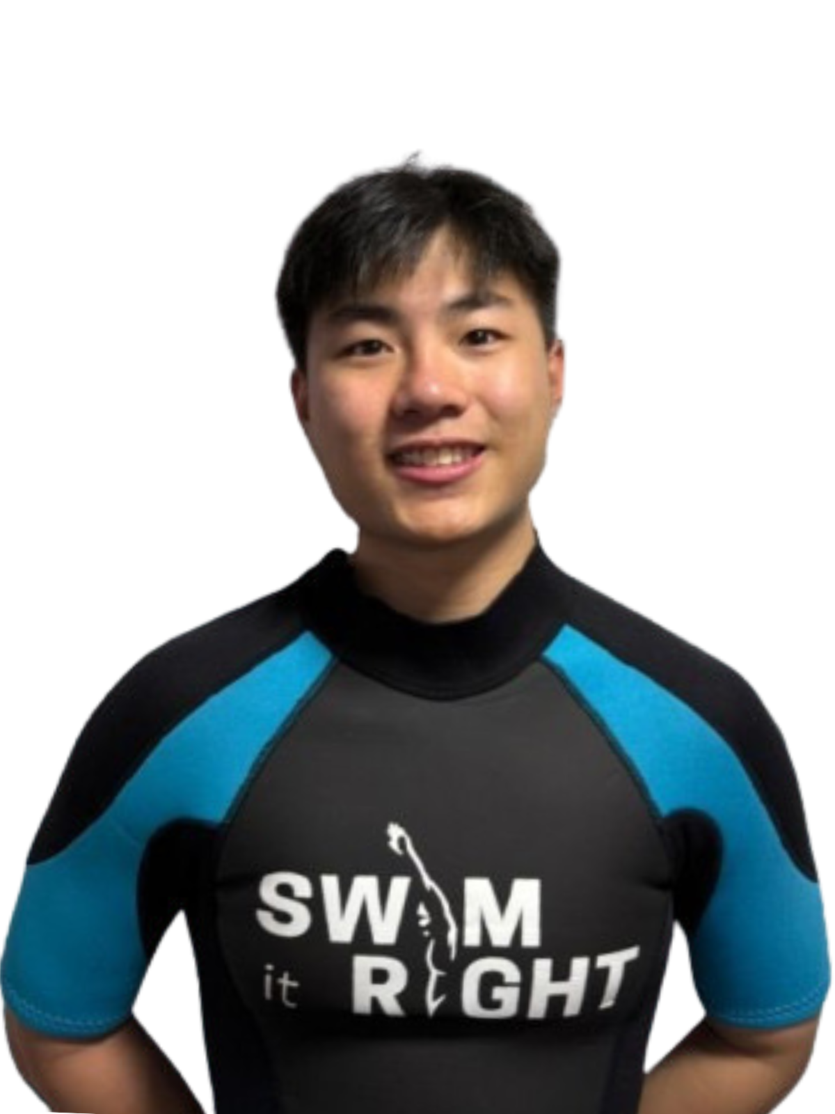 Young man in a navy and blue swim rash guard with the words 'SWIM it RIGHT' printed on the front, smiling at the camera.