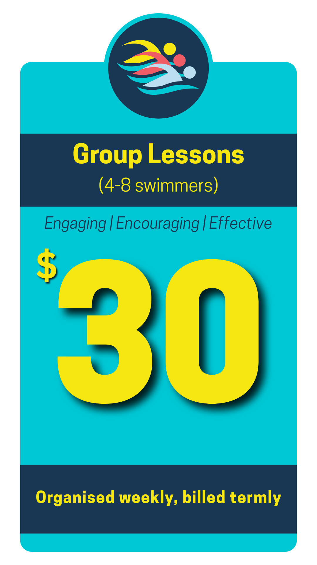 Group swimming lesson fee for classes of four to eight swimmers at Swim It Right Singapore