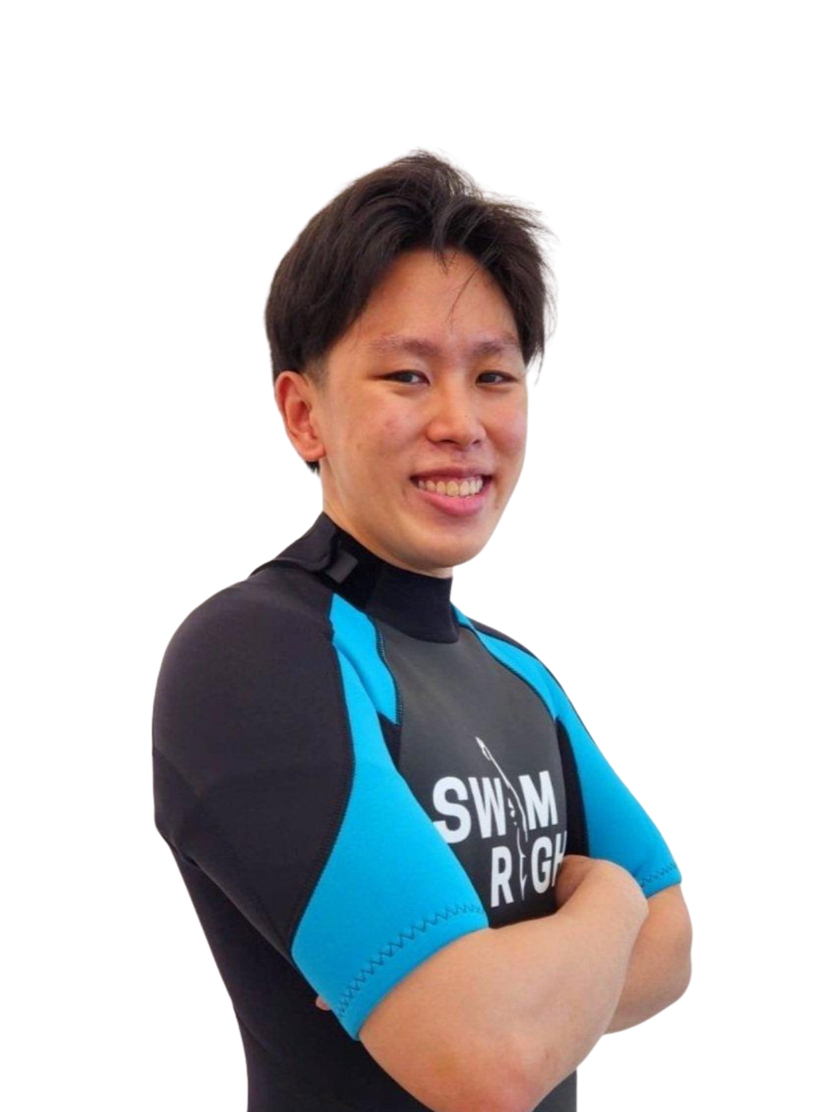 Young man in a black and blue swim shirt smiling with arms crossed against a plain white background.