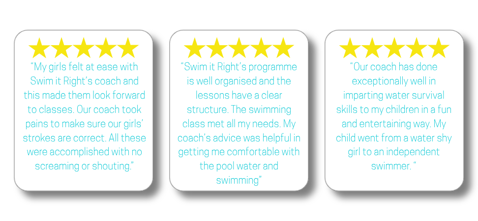 Three customer reviews with five-star ratings about a swimming program, praising the coach and program effectiveness.