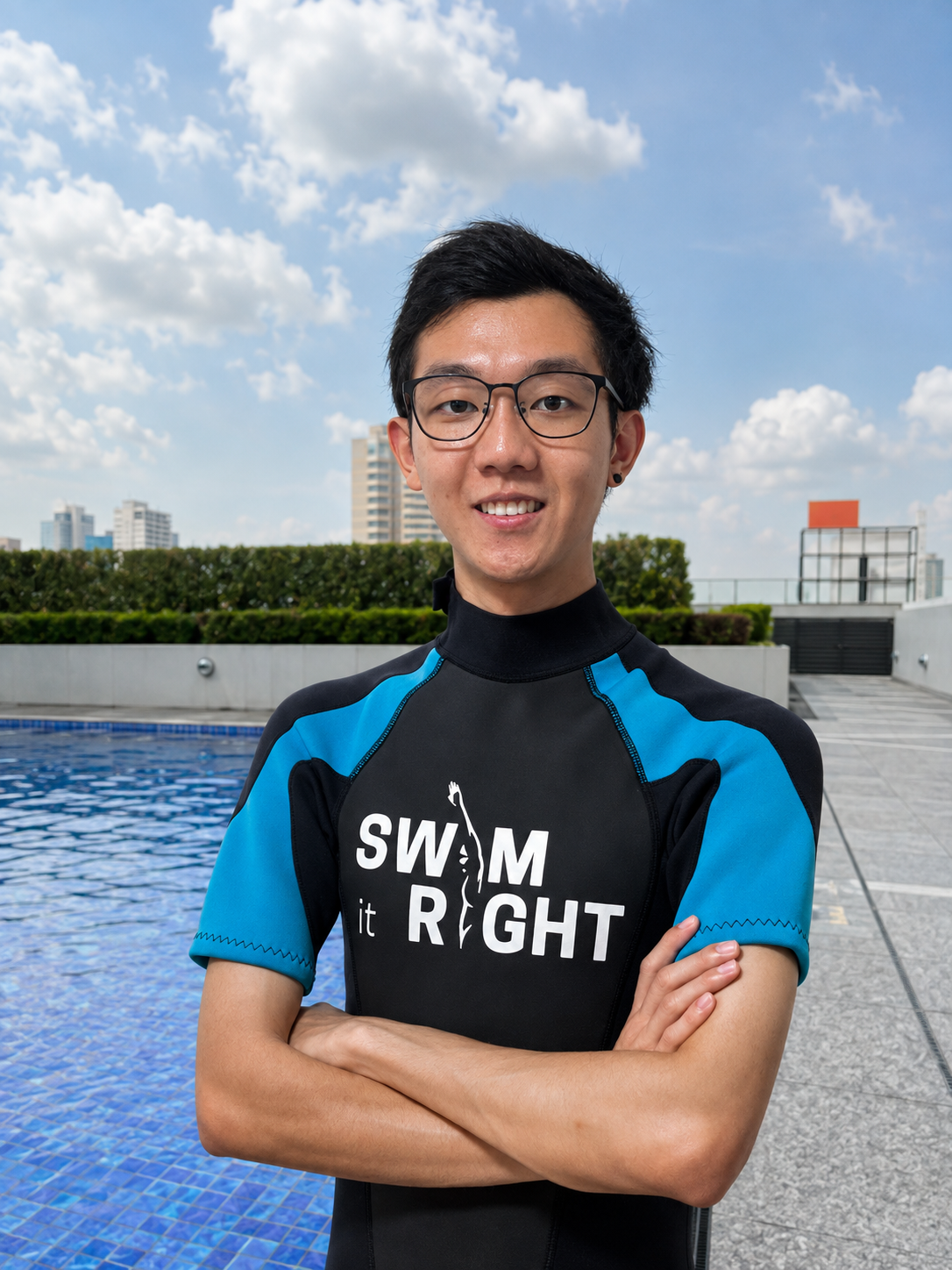 Young man with glasses and black hair, wearing a black and blue swimming jersey with the text 'SWIM it RIGHT' and a fish logo, standing with arms crossed against a white wall.