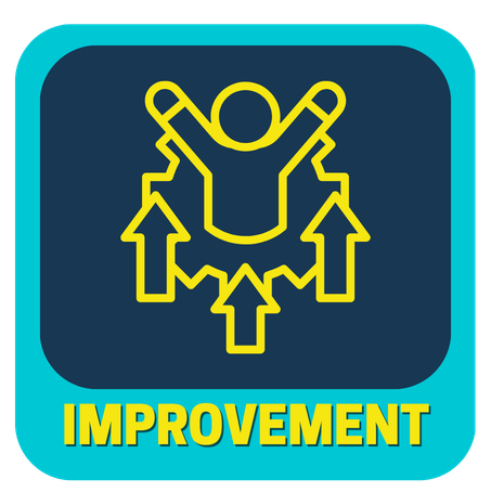 A graphic icon of a bar chart with an upward arrow and a gear, symbolizing growth and improvement, with the word 'IMPROVEMENT' in yellow capital letters below, set against a blue background.