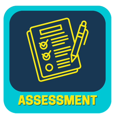 An icon of a clipboard with a checklist, surrounded by a dark blue circle, on a light blue background with the word 'ASSESSMENT' written below in yellow.