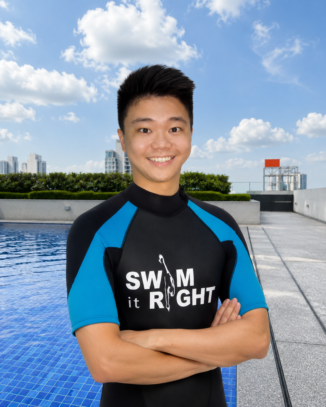 A young man with short black hair smiling, wearing a black and blue sports shirt with white text.