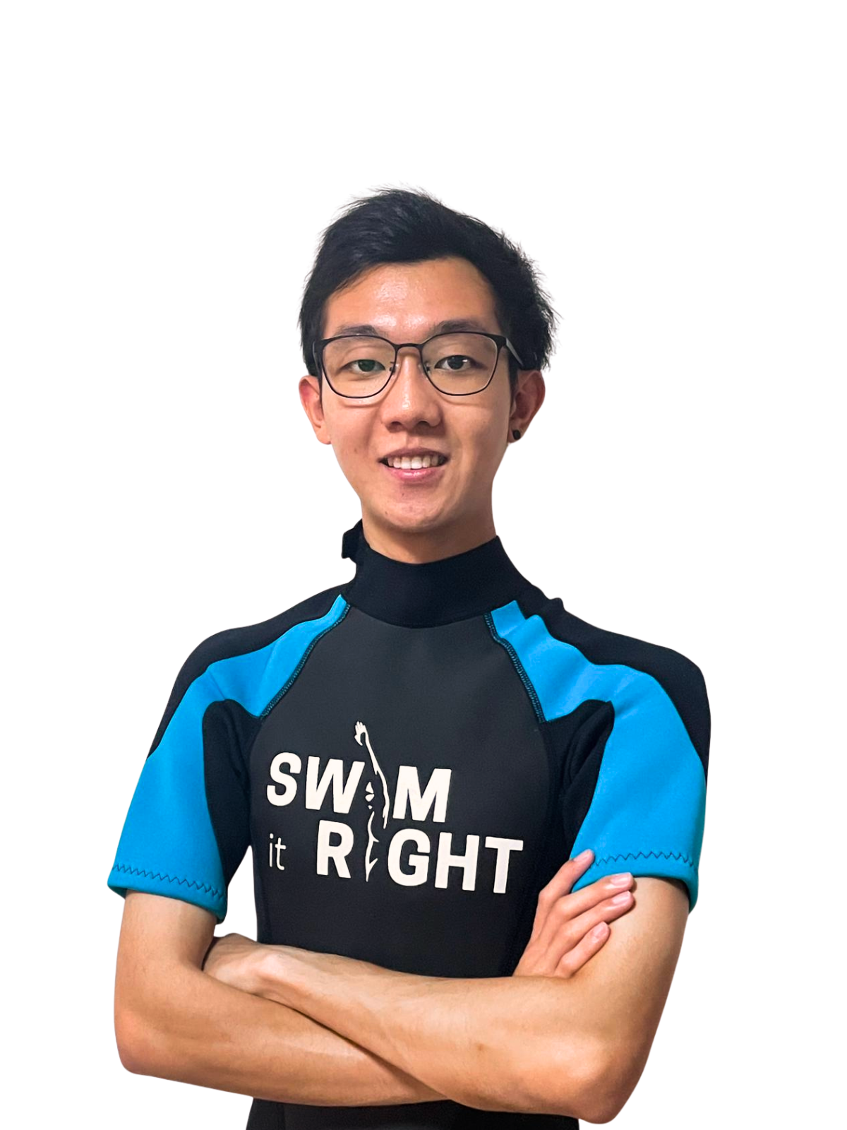 Young man with glasses and black hair, wearing a black and blue swimming jersey with the text 'SWIM it RIGHT' and a fish logo, standing with arms crossed against a white wall.