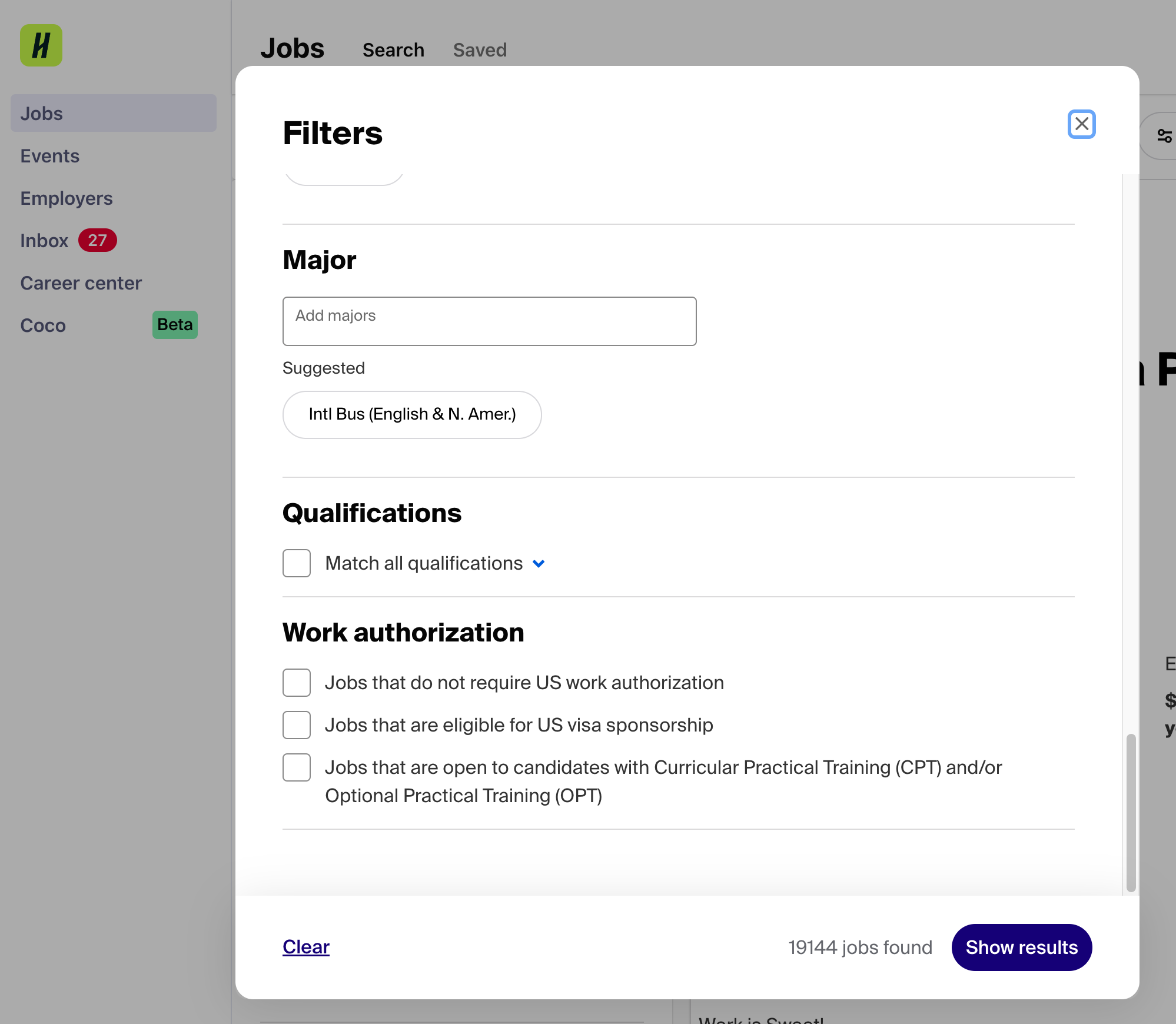 Handshake Job filtering portal