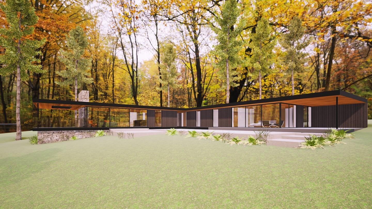Sneak preview of a current house I am working on. The house is tucked away in the woods and features dark timber cladding that seamlessly integrates with its surroundings with expansive glass for stunning views. A perfect escape in nature.