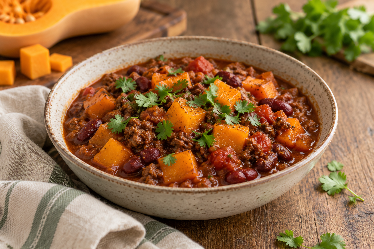 Serving illustration of beef and butternut squash chili