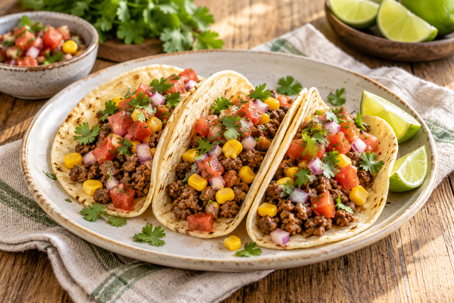 Serving illustration of beef tacos with corn and tomato salsa