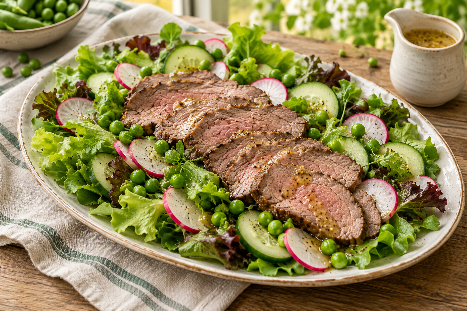 Serving illustration of roast beef salad with radishes, cucumber, peas and greens