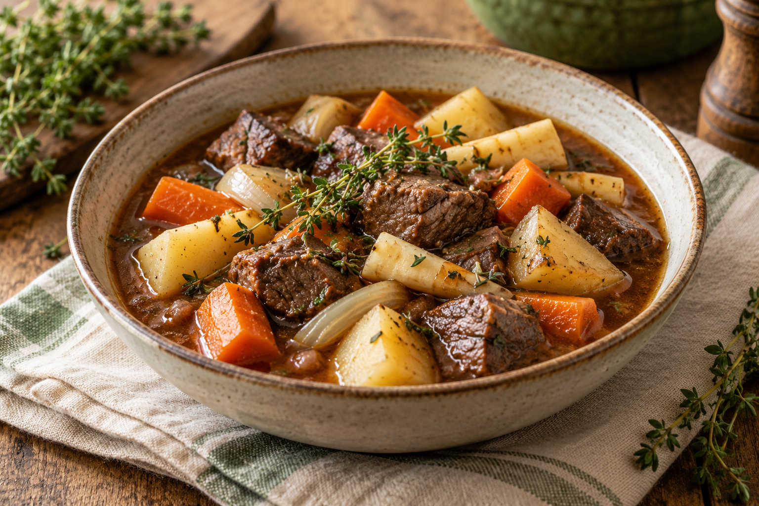 Serving illustration of slow-braised beef stew with carrots, parsnips and potatoes