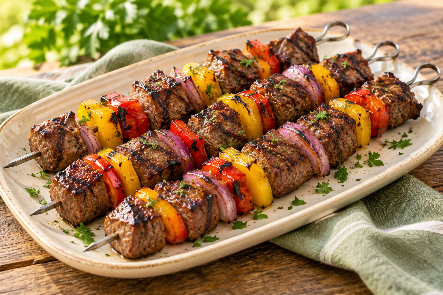 Serving illustration of grilled beef skewers with red and yellow peppers and red onion