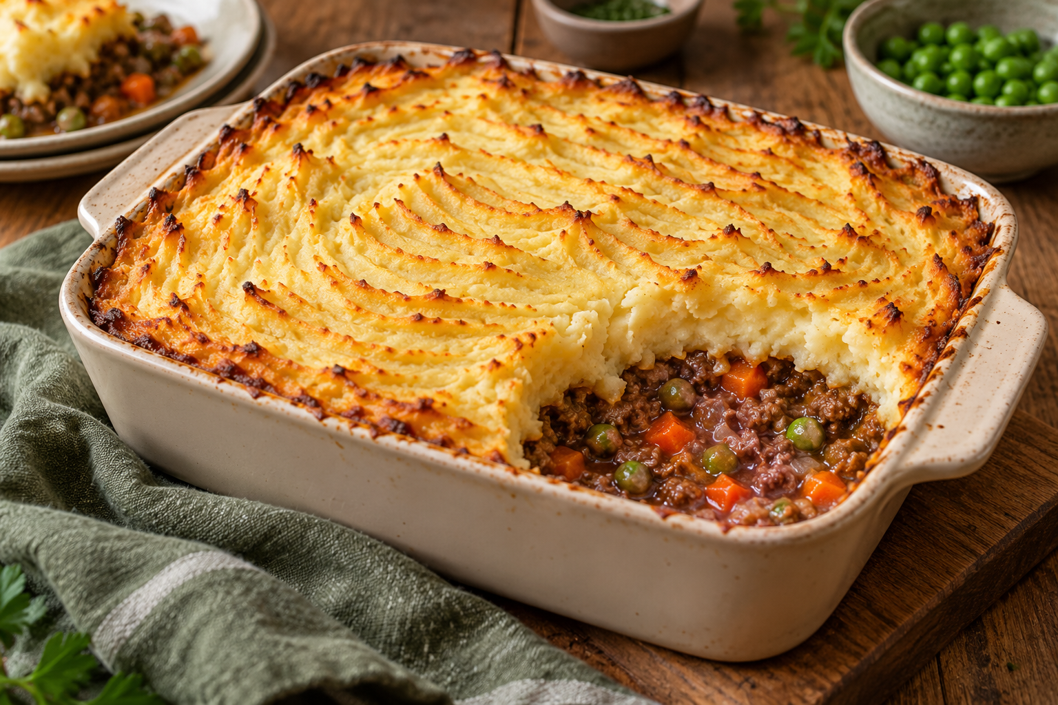Serving illustration of beef cottage pie with golden mashed potato topping