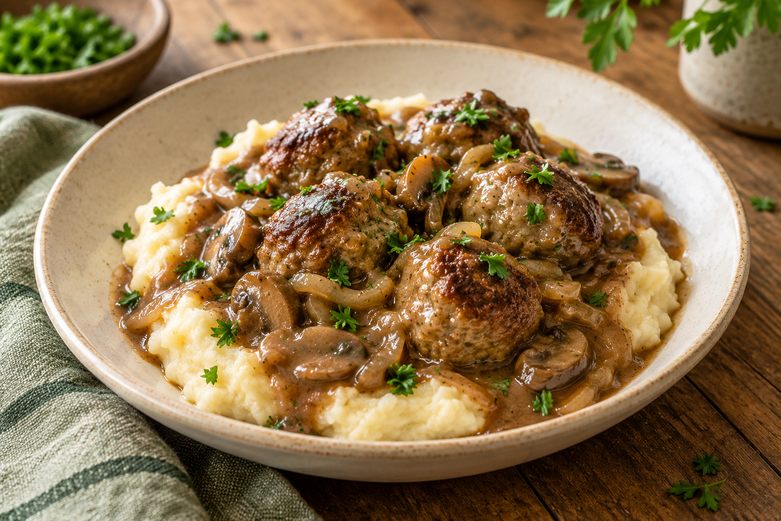 Serving illustration of beef meatballs with mushroom gravy and mashed potatoes
