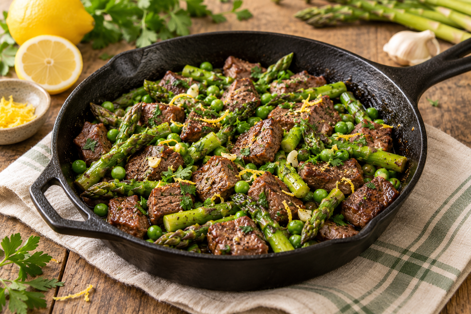 Serving illustration of lemon-herb beef with asparagus and peas