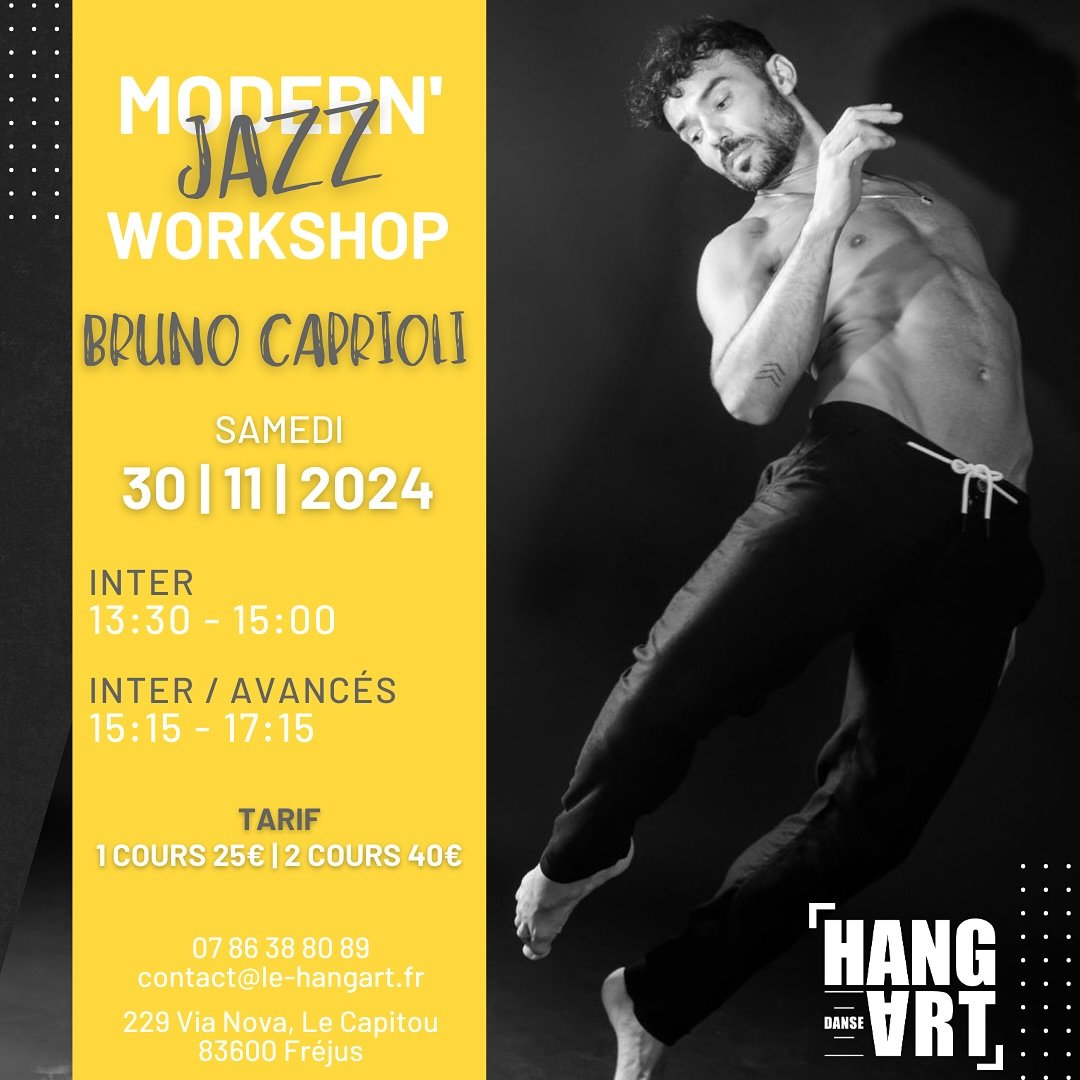 🕺WORKSHOP avec @brunocaprioli 

💥 Ne manquez pas cette opportunit&eacute; unique de danser avec l&rsquo;incroyable Bruno Caprioli !

📅 Samedi 30 Novembre 2024 Interm&eacute;diaires : 13h30 - 15h00
Inter / Avanc&eacute;s : 15h15 - 17h15
📍 Lieu : L