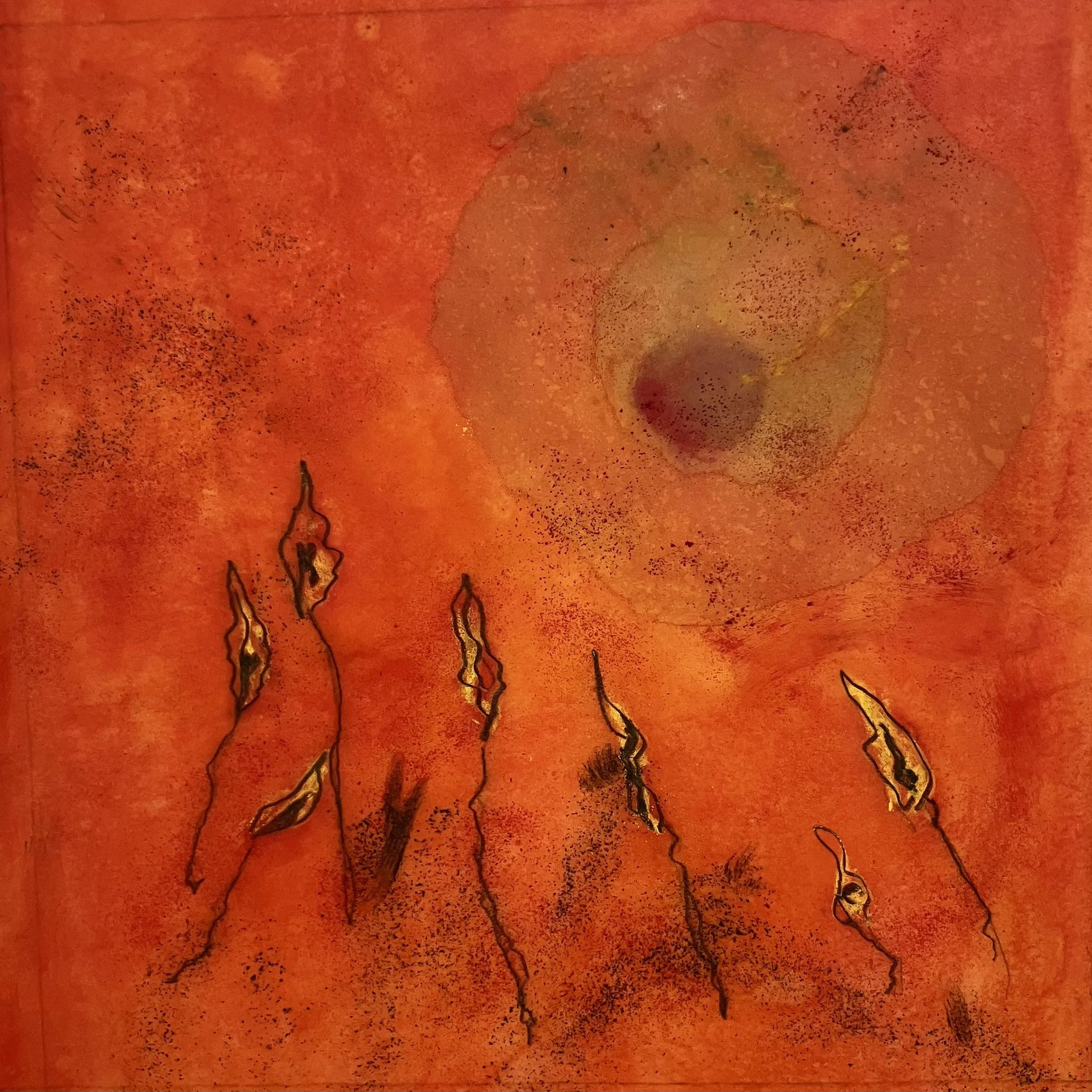 THE WORLD ON FIRE  Encaustic and mixed media monotype;. Image size 12 x 12; 23 x 18 with frame. Free shipping. $950.00