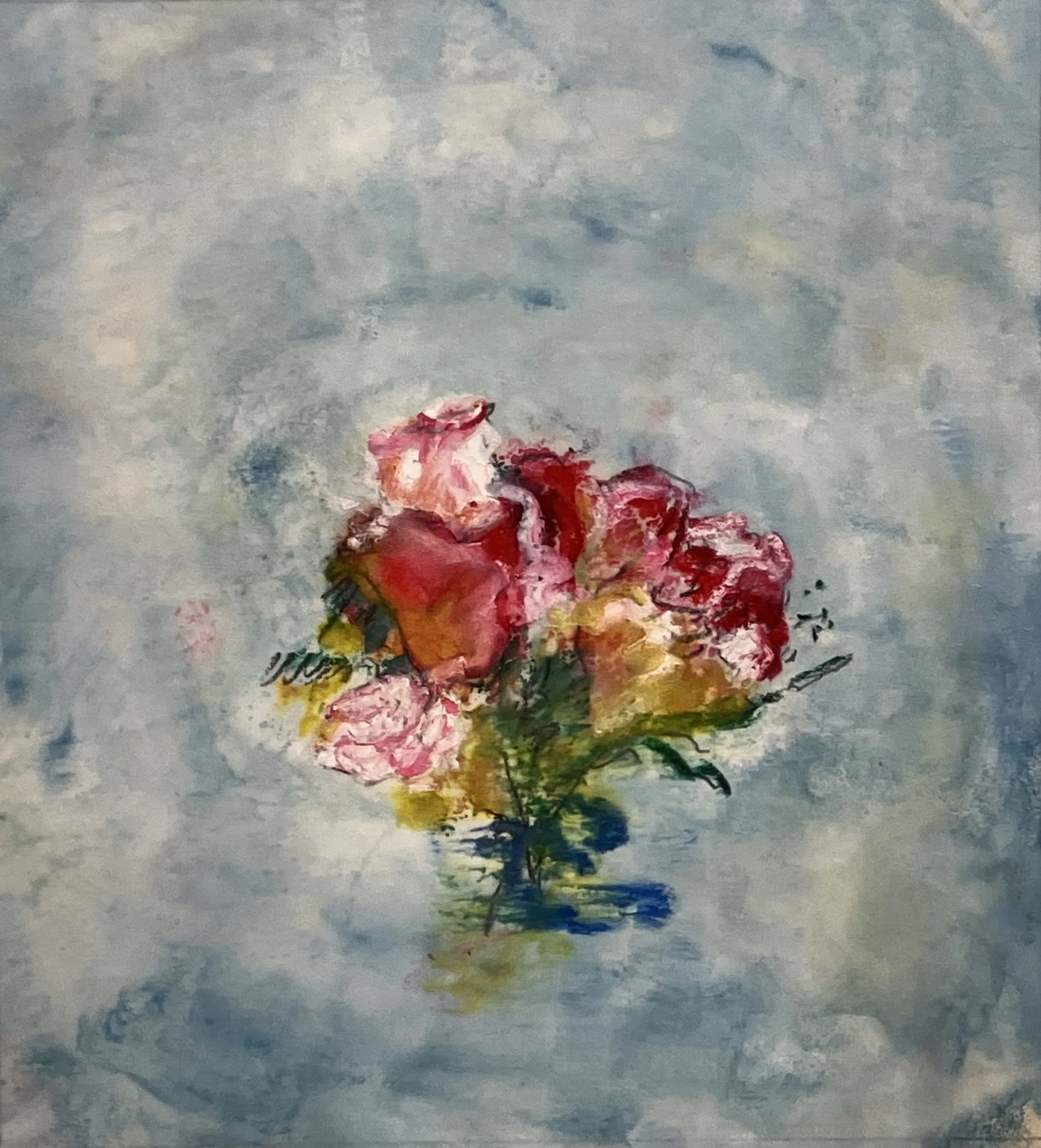 LOVE IN THE TIME OF GAZA  Encaustic and mixed media monotype; image size 12 x 11, 19 x 16 with frame. Free shipping. $950.00