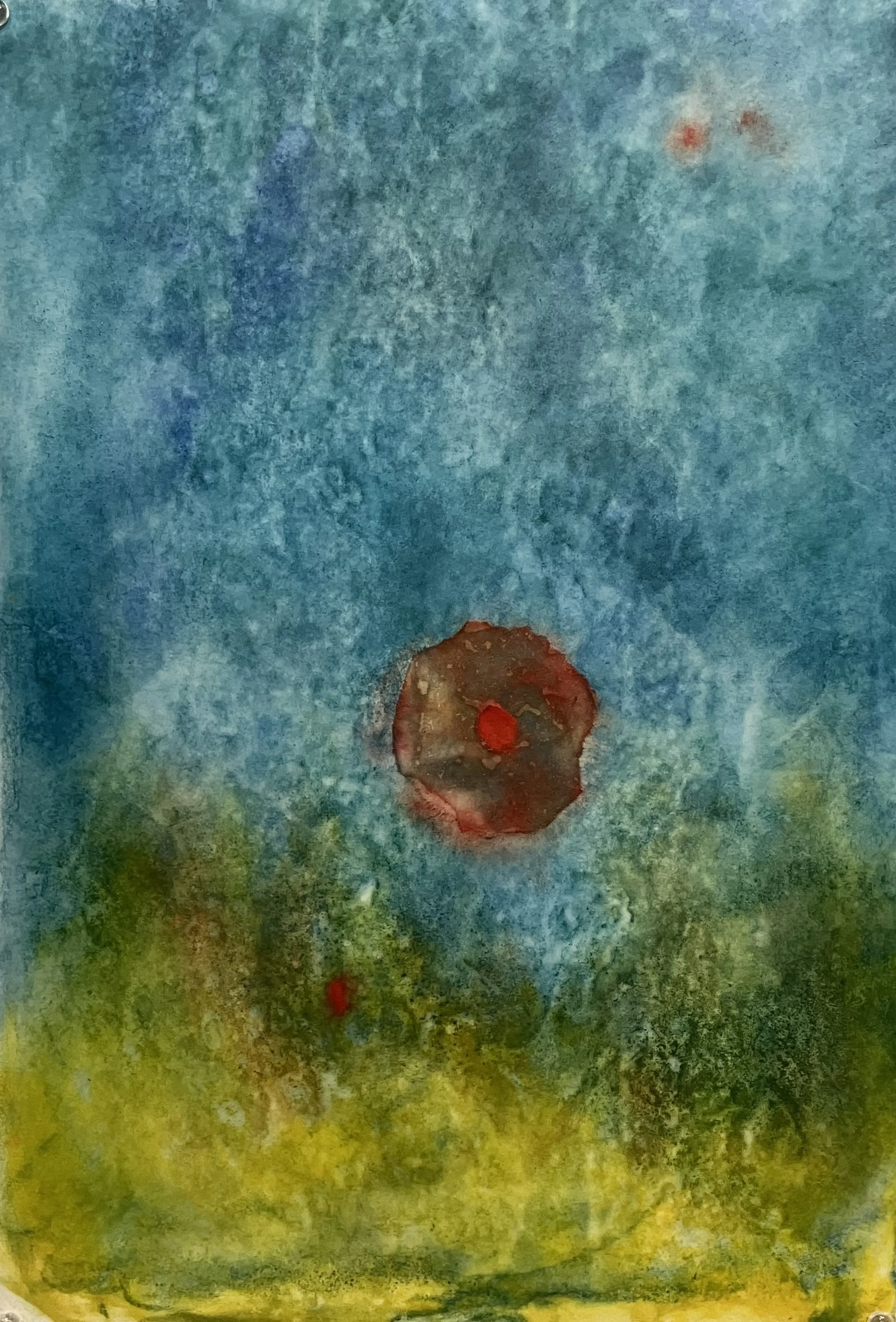 SHANTI  Encaustic and mixed media monotype;. Image size 18 x 12.75; 25 x 17.75 with frame. Free shipping. $950.00