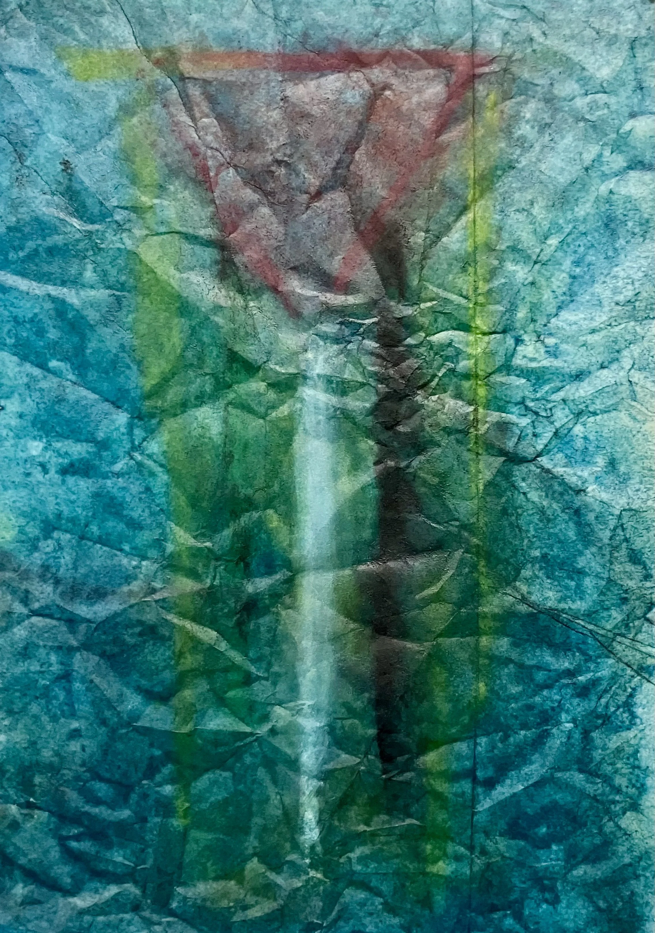 EMERGENT  Encaustic and Mixed Media on Paper;. Image size 16 x 10.5; 22 x 16.5 with frame. $950