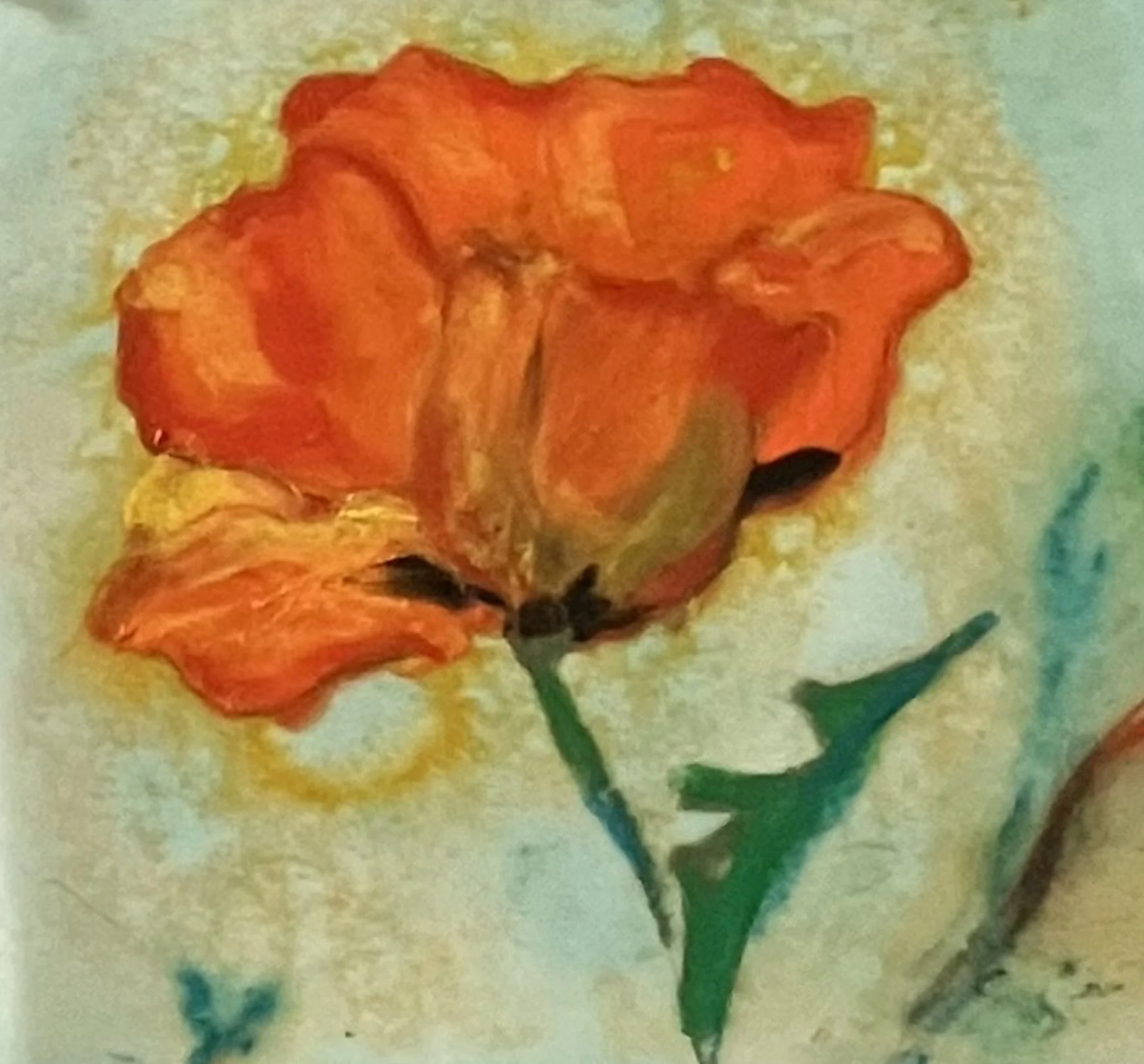 POPPY, ANCIENT TILE FRAGMENT  Encaustic and Mixed Media on Paper;. Image size 8.5 x 8.5; 14.5 x 14.5 with frame. $650
