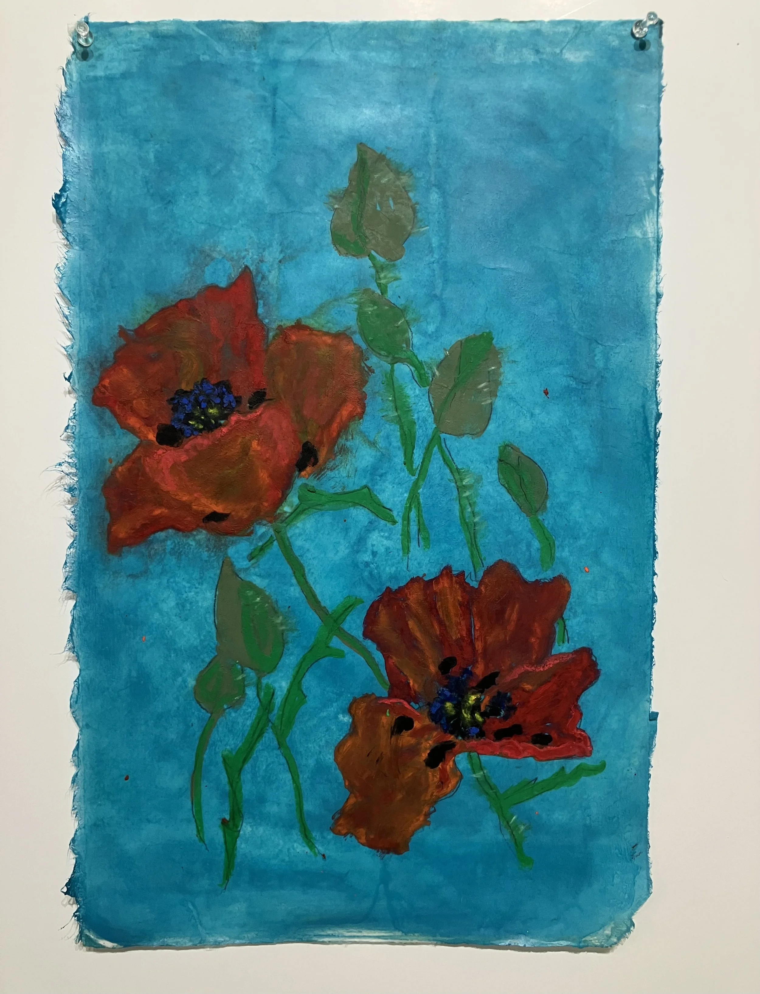 NIGHT POPPIES - PEACE Encaustic and Mixed Media on Paper;. Image size 20 x 12.75; 26 x 18.75 with frame. $950