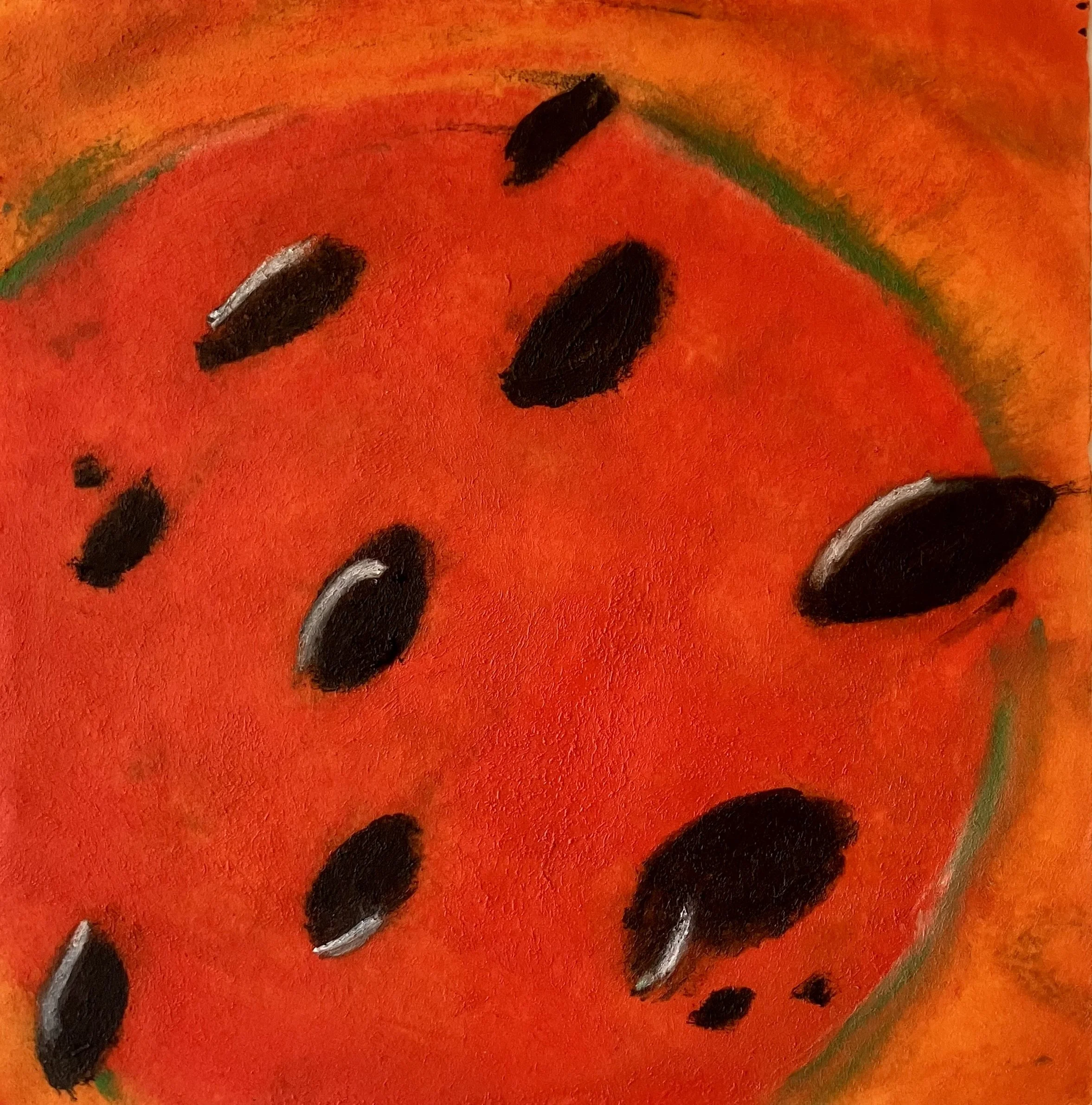 SLICE OF LIFE  Encaustic and Mixed Media on Paper;. Image size 8.25 x 8.25; 14.25 x 14.25 with frame. $650