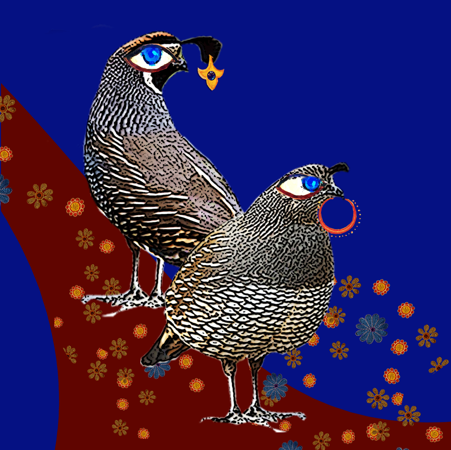 Digital illustration of two stylized birds with blue eyes, each wearing a ring in their beaks, against a blue background with a decorative red and gold floral pattern.