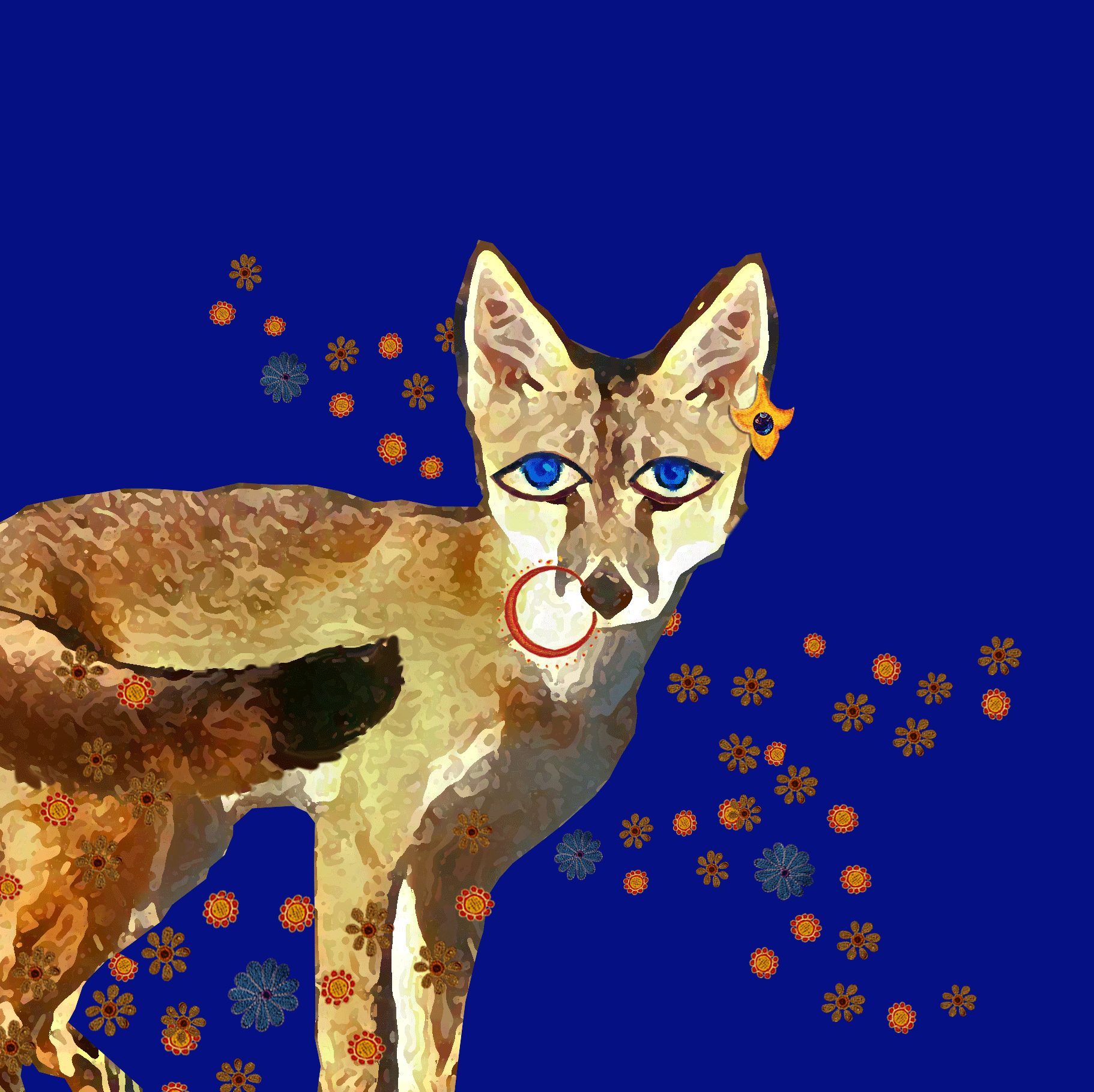 Illustration of a wolf with blue eyes, wearing a nose ring and a flower in its ear, against a dark blue background with colorful flowers.