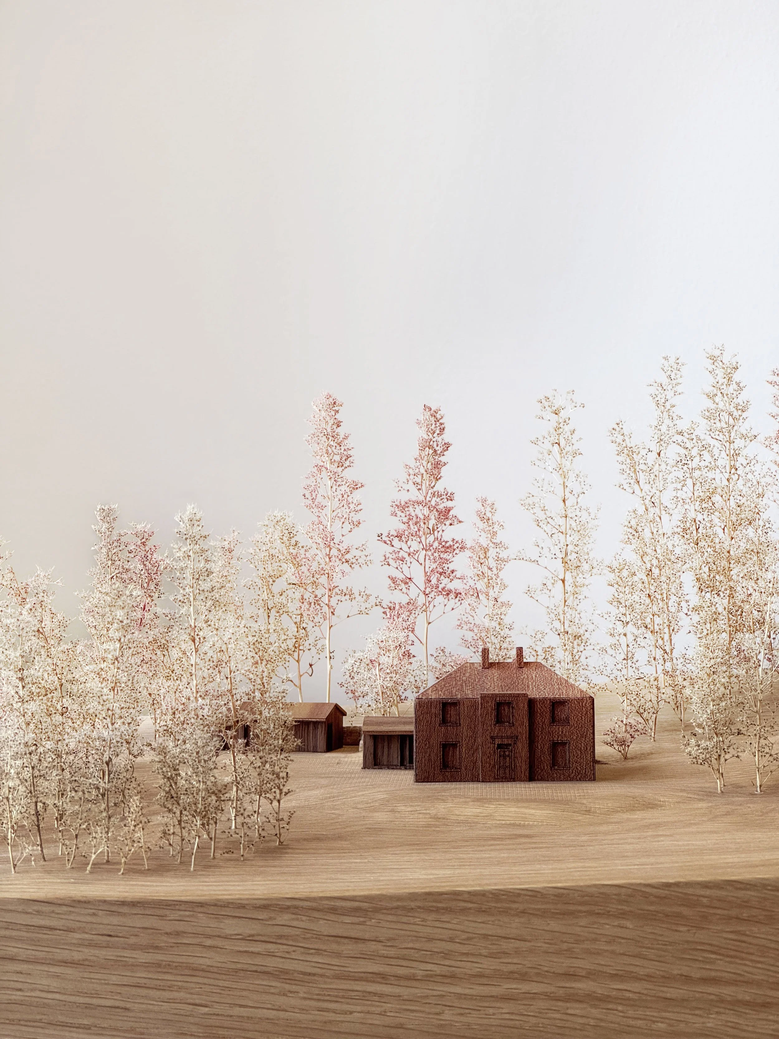 Miniature model of a wooden house with trees in the background.