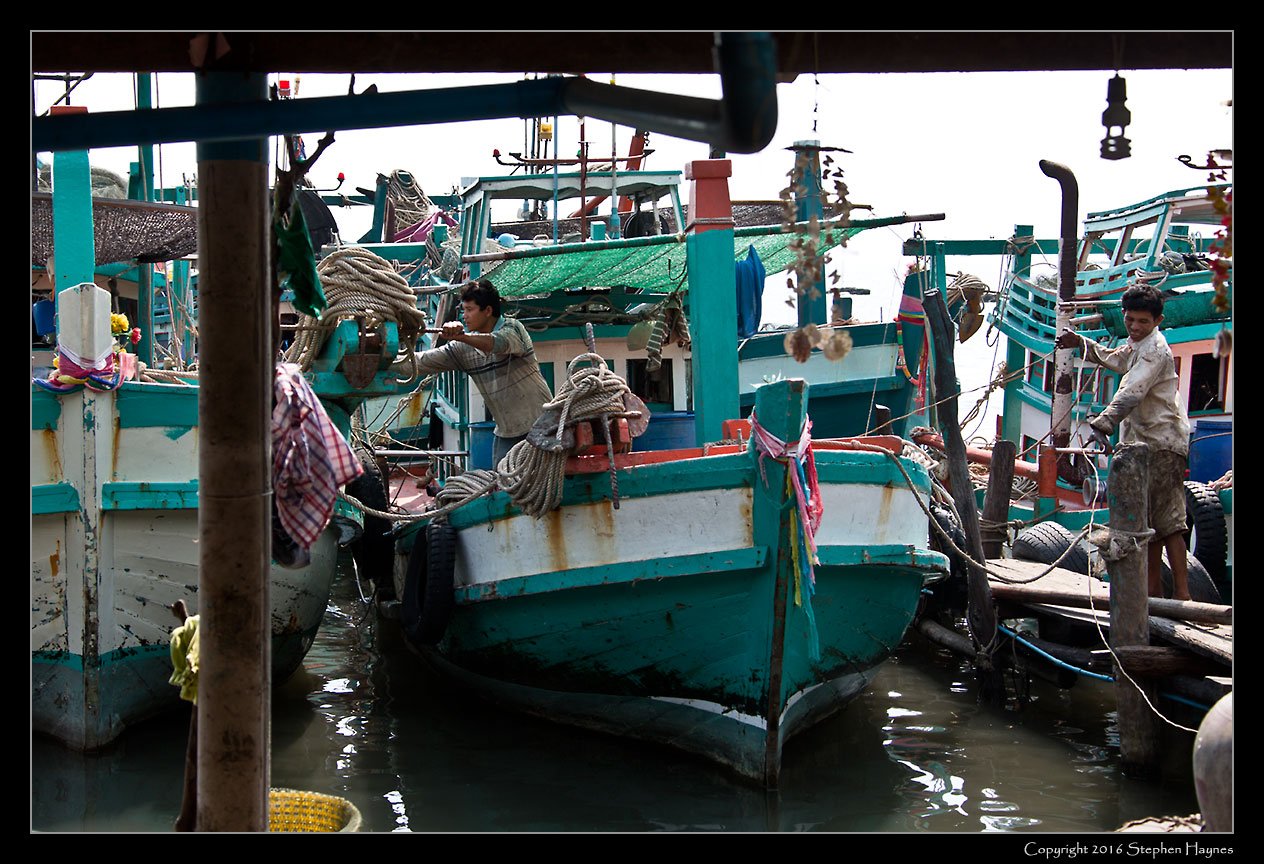 Ropang Ropov Fishing Village, On the road east from Sihanoukville, Cambodia --
Fishing boats.
