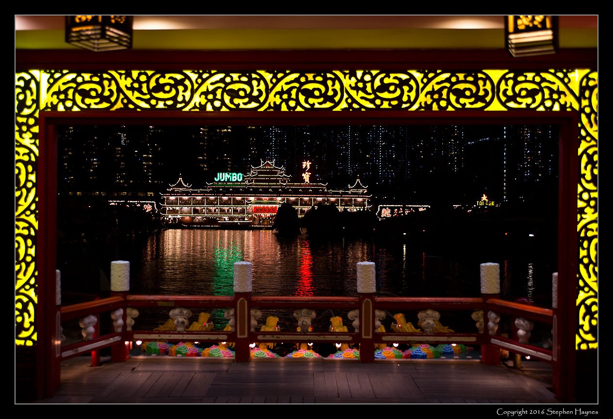 Aberdeen, Hong Kong Island --
The Jumbo Floating Restaurant seen from its water shuttle dock.