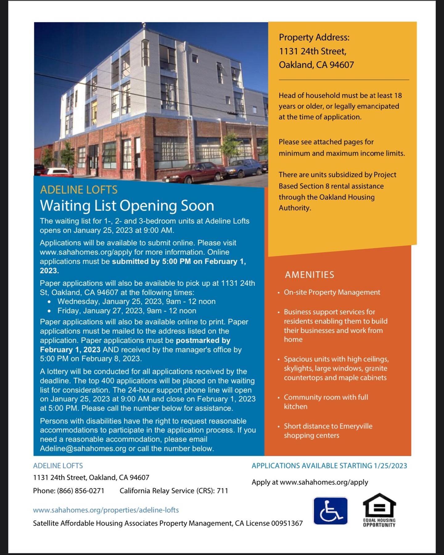 Share share share!!! 🏠 Adeline Lofts 1, 2, and 3 bedroom waitlist is open now in West Oakland! Go to the SAHA website 🏠