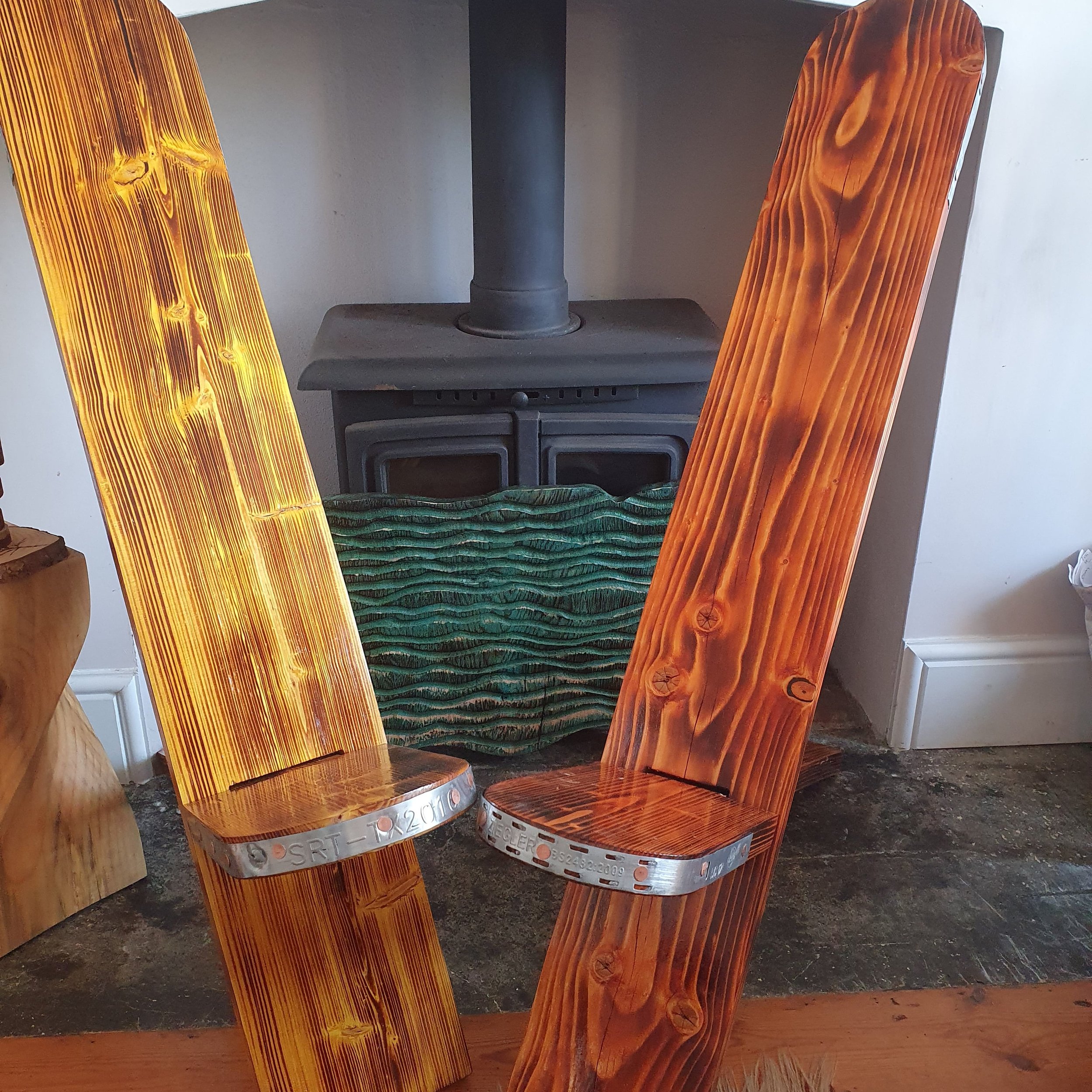 Viking chairs or sometimes known as star gazing chairs. These striking looking seats come from salvaged scaffold planks and given a new life after much cleaning and de-nailing. They are then sanded and scorched with a hot flame using a japanese techn