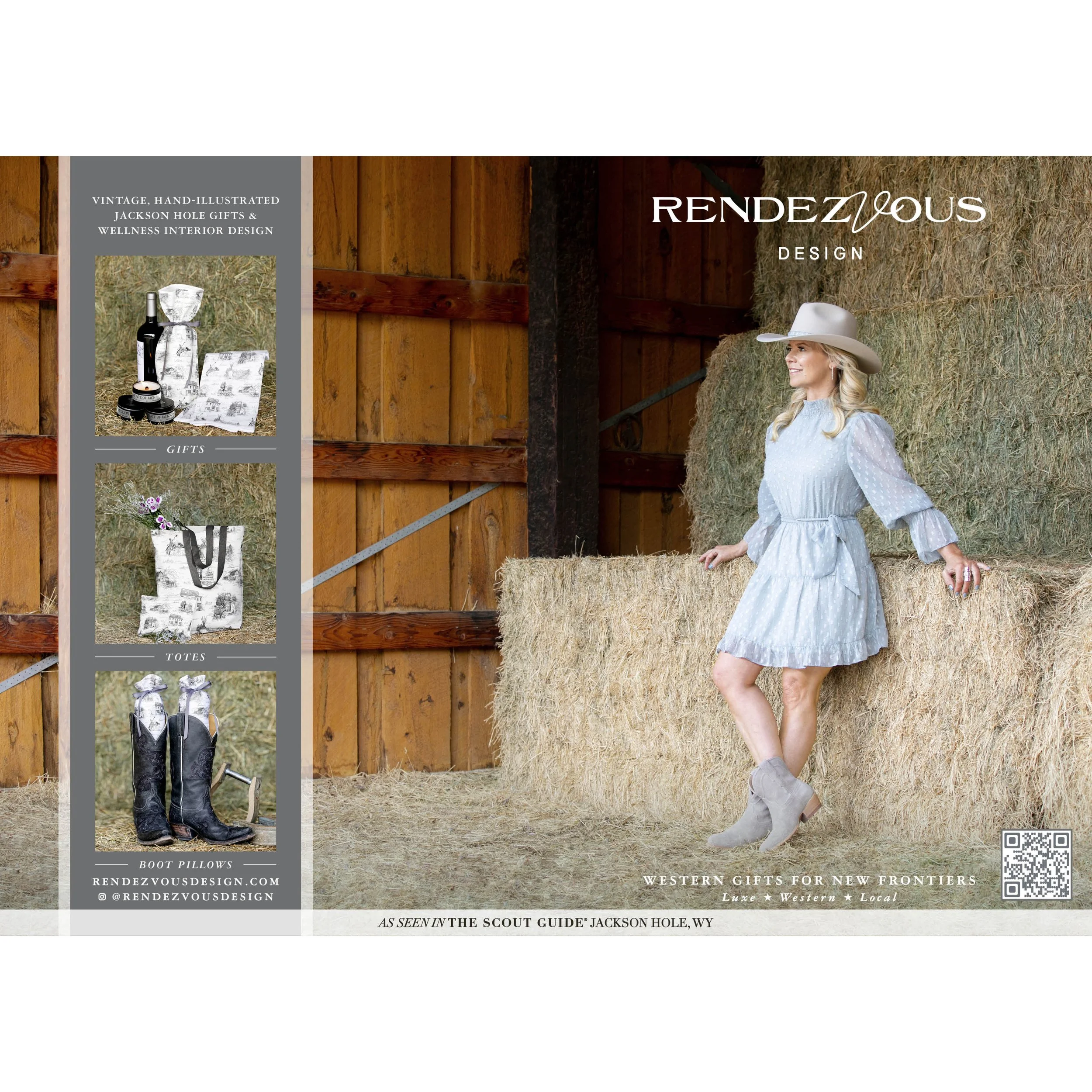 Jackson Hole Scout Guide 2022-23 page featuring Rendezvous Design, with Patricia Kennedy in a western barn setting