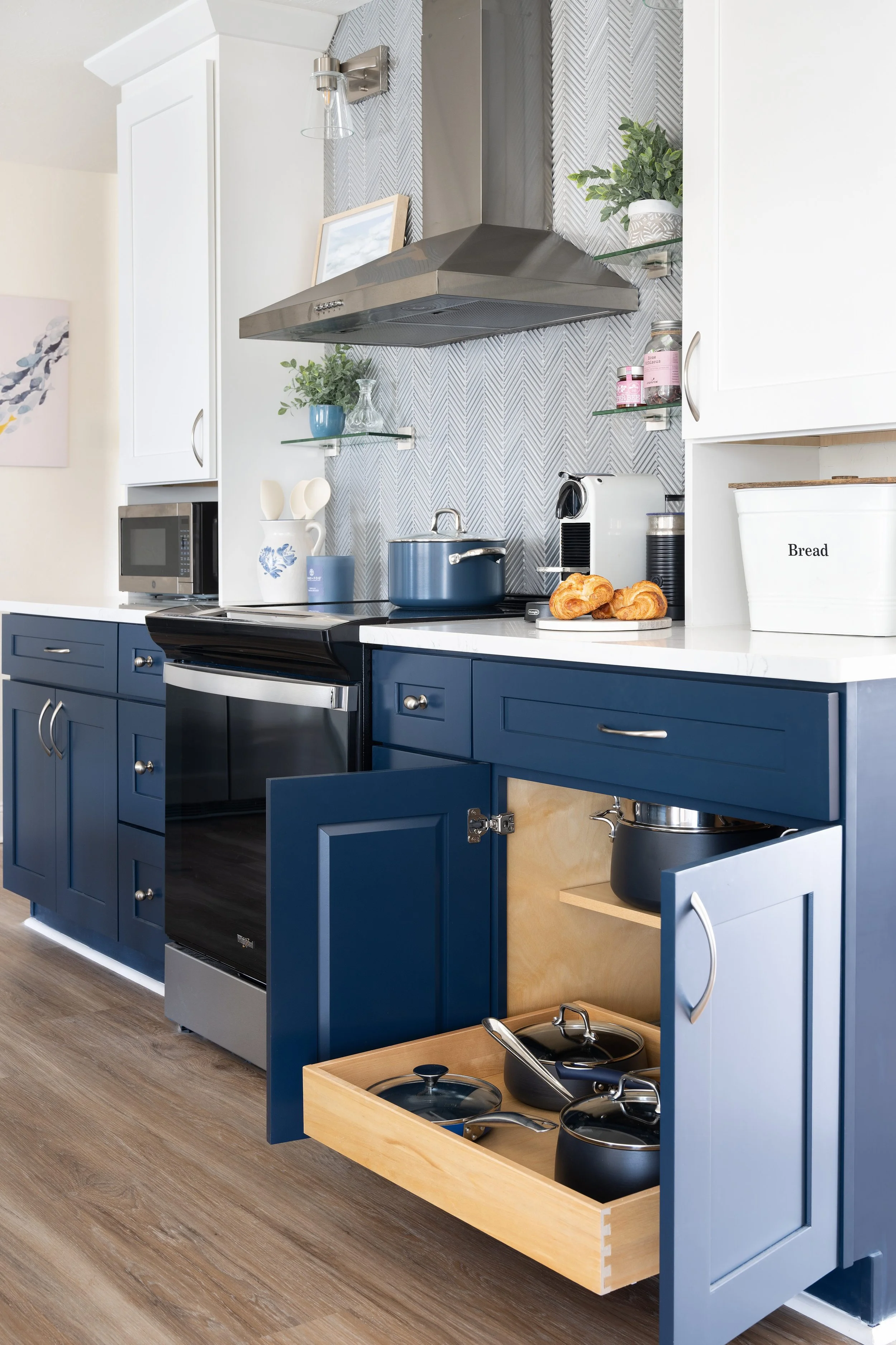 Added open shelving & easy pullouts