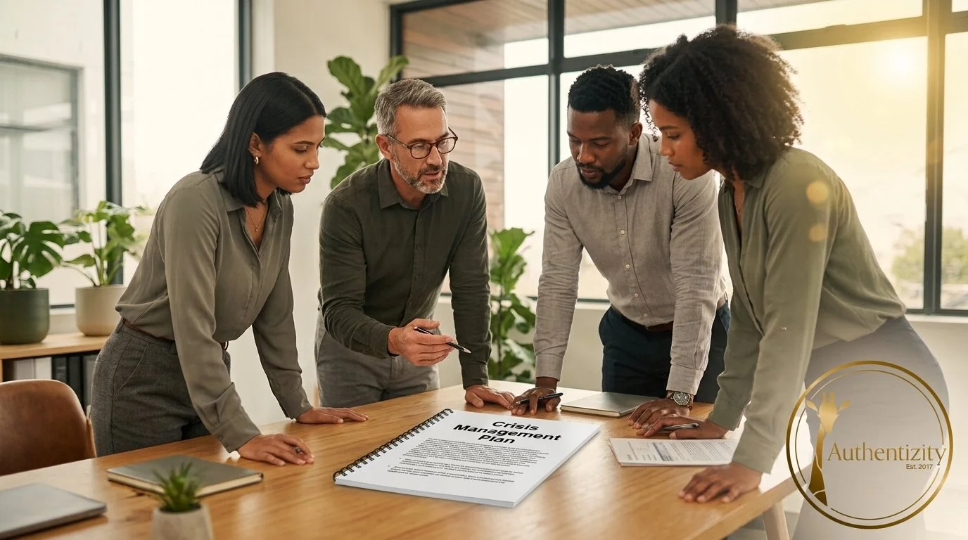 A team of business professionals huddled around a table examining a printed Crisis Management Plan document.
