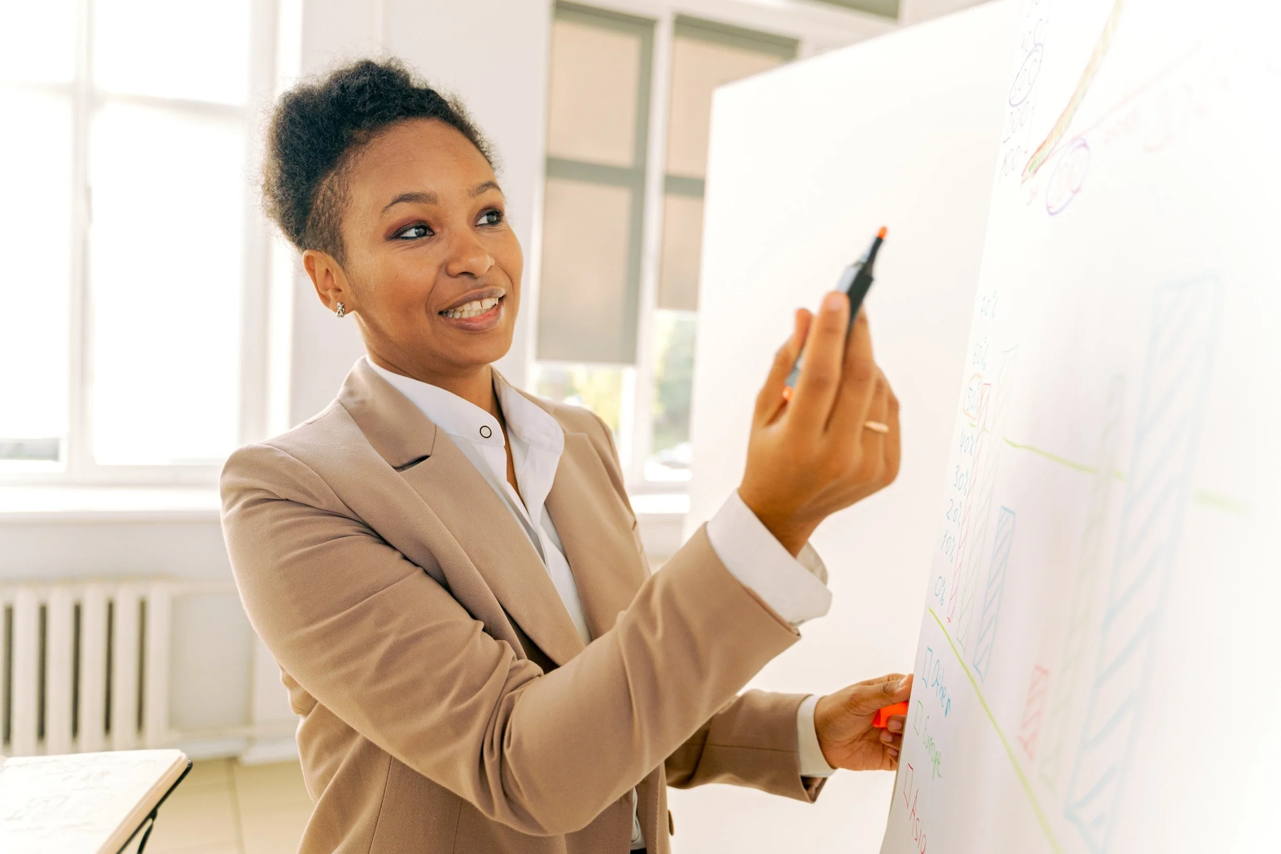 BD Dynamics trainer leading a business development strategy session using a whiteboard.