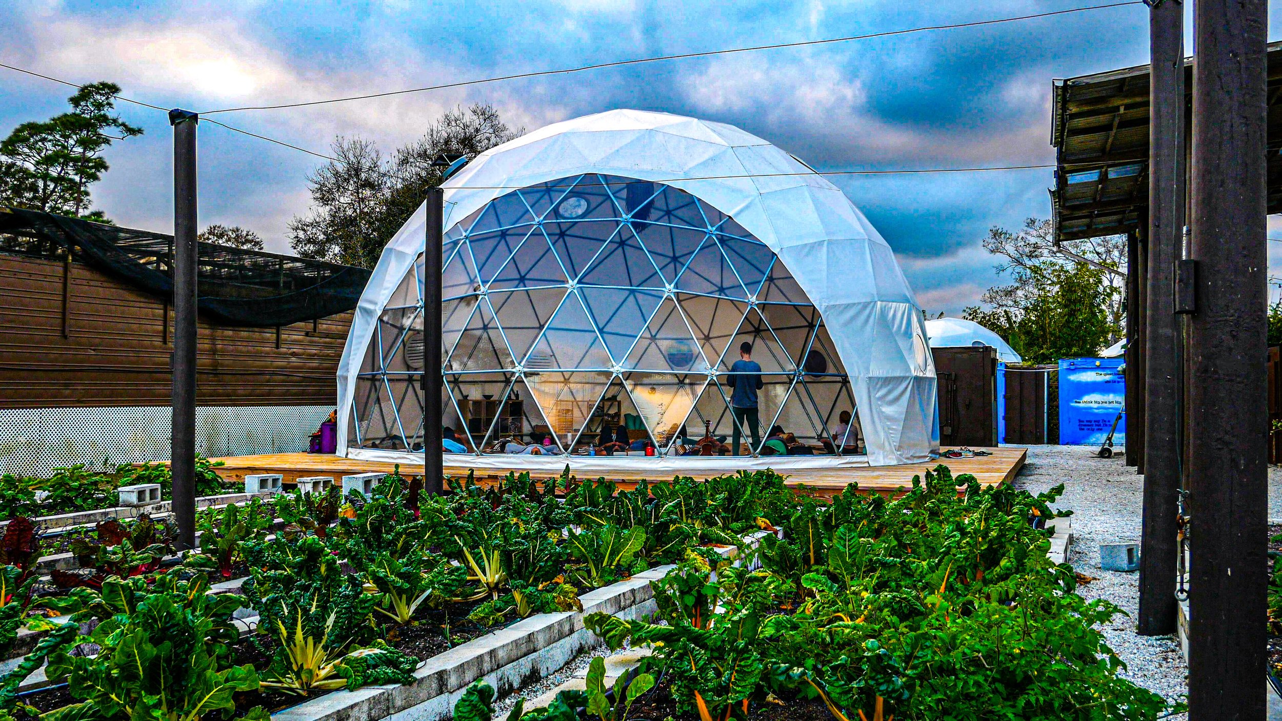A geodesic dome greenhouse on a wooden deck surrounded by a vegetable garden, with a cloudy sky overhead.